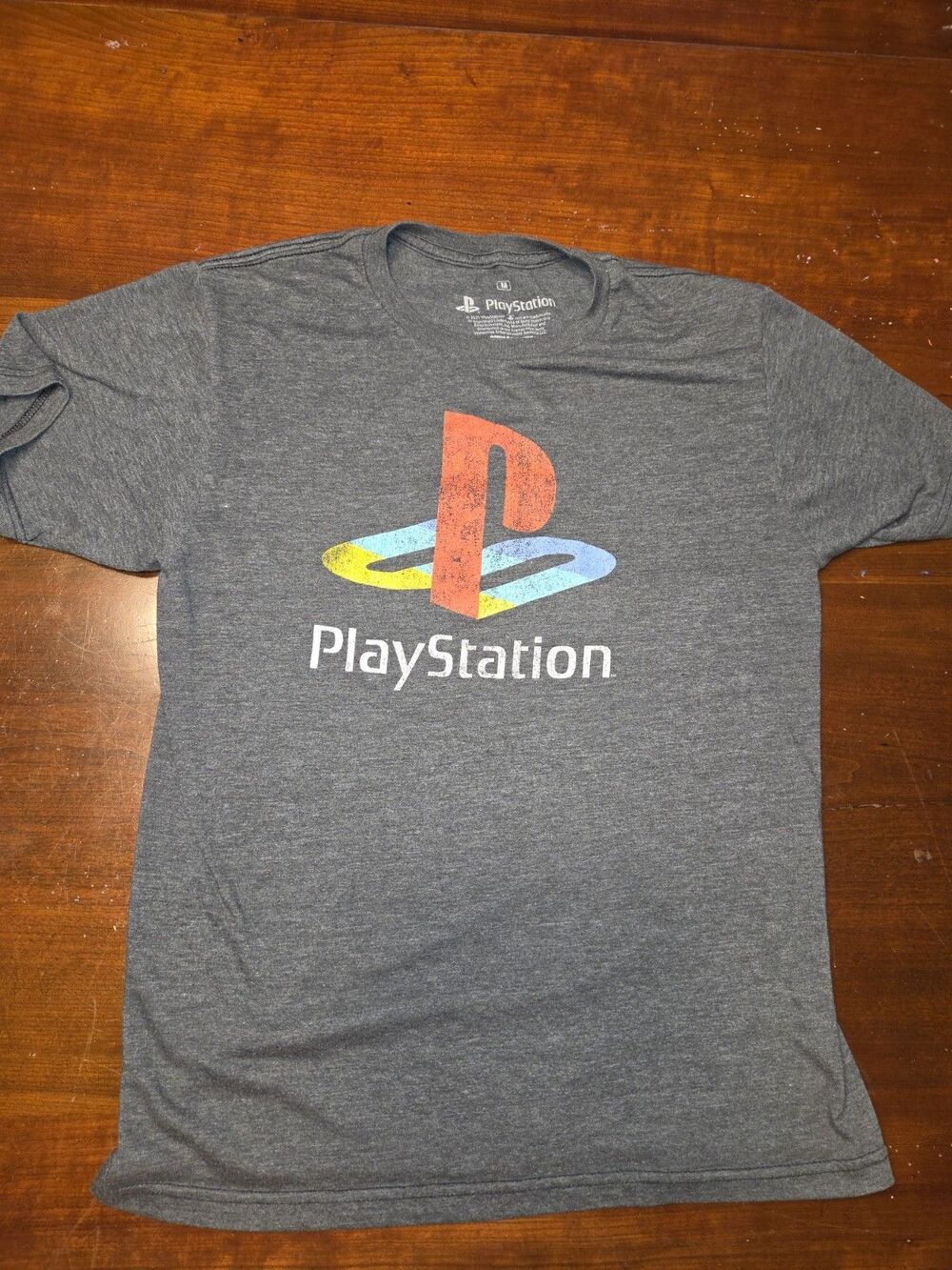 PlayStation T-Shirt Men's Medium Gray Retro Distressed Logo Graphic Tee Gaming